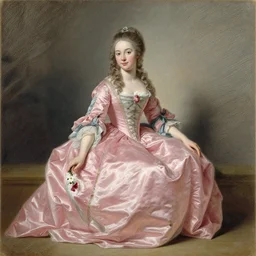 a neoclassical and rococo full body portrait of a beautiful teenaged french princess with a flower in her hand sitting painted in 1 7 7 2 by joseph ducreux, pastel on parchment, 1 7 7 0 s, highly detailed, beautiful face, symmetry, pink silk gown, full body shot