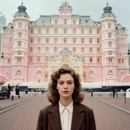3 d cinematic close portrait of a 1 9 8 0 s symmetrical, pretty woman with fine facial features, standing in a complex street by edward hopper, jeffrey smart, grand budapest hotel, ornate theatre art, high resolution, street lots of detail by gregory crewdson