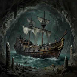 A galleon lost in a cave, stalagmites and stalagtites, eerie atmosphre, matte painting by Darek Zabrocki