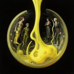 human mitosis, chiaroscuro!!, atompunk, postminimalism, opaque yellow liquid, floating, tendrils, ooze, hyperrealism, surrealism, by gil elvgren and greg rutkowski and zdzisław beksinski and norman rockwell