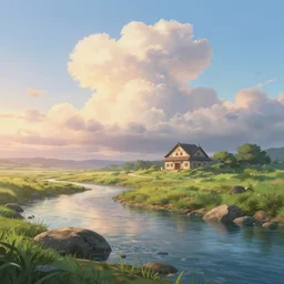 a serene landscape with a singular building near a river with rocks at sunrise, ghibli studio, anime style, pixar style, concept art, octane render, unreal engine 5, trending on deviantart, highly detailed, high quality, 8 k, soft lighting, path traced, beautiful landscape, realistic, cartoon, high coherence, cloud in the sky, digital painting, masterpiece, digital art, breathtaking landscape, soft colors, beautiful