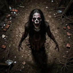 a big topdown picture of nightmare horror dirt with trash, bricks, roots and mud. - w 1 0 2 4