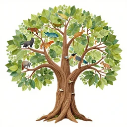 A huge tree of life made up of individual animals as its leaves