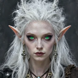 portrait painting of a punk elven bard with green eyes and snow white fur, ultra realistic, concept art, intricate details, eerie, highly detailed, photorealistic, octane render, 8 k, unreal engine. art by artgerm and greg rutkowski and charlie bowater and magali villeneuve and alphonse mucha