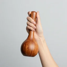 skinny wrist female hand with nail art holding a bulbous jarrah wood handle
