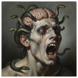 an oil on canvas painting of a screaming decapitated man's partially decomposing face with empty eye sockets and many biting serpents swarming out of his exposed brain, a surrealist painting, polycount, surrealism, surrealist, lovecraftian, cosmic horror, high detail