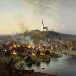 A burning city by a river in the late 19th century in northern Sweden, houses made of wood, a white church is visible on a hill, painting by Albert Bierstadt