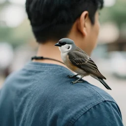 a man with a bird on his shoulder, bokeh