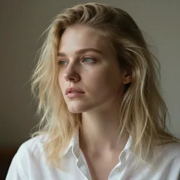 portrait of a blond woman, closeup, messy hair, soft light, looking away, cotton shirt, by serge marshennikov, joseph todorovitch