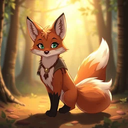 a pretty medieval anthropomorphic fox with a fluffy tail in the forest, comic art, trending on furaffinity, cartoon, kawaii, backlighting, furry art!!!, warm shading, concept art, radiant light, bokeh