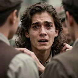 Close-up of an utterly terrified young man on the verge of panic tears with long hair. He is wearing a 1930s attire. He looks utterly panicked and distressed and is trying to protect himself from an assailant. Looking straight at camera