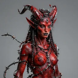 a horned female demon with red skin, wrapped in barbed wire, extremely high detail, realistic, fantasy art, solo, masterpiece