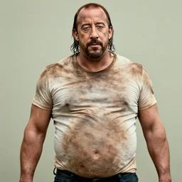 Vin Diesel with stainted clothes and a big tummy, grease staints, uncropped, mustache, beard, long hair, greasy hair, Vin Diesel black staints on clothes, greasy staints, Vin Diesel big tummy, tummy, Vin Diesel with a tummy