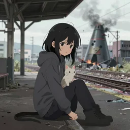 sad anime girl with her little kitty sitting at an abandoned train station with a nuclear bomb destroying all buildings at the distance yumei art, Artstation, pinterest 8k hyper-detailed image