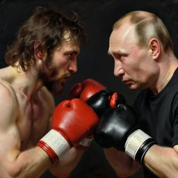 jesus christ boxing with vladimir putin, fist fight, detailed faces, putin face, in battle by anders zorn, wonderful masterpiece by greg rutkowski, beautiful cinematic light, by greg manchess, jessica rossier