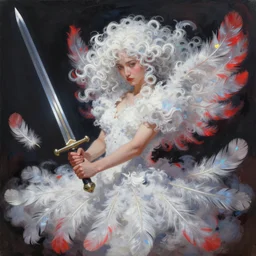 a painting of a woman who made of curly white and transparent feathers cloud with red edges is holding a sword, a digital painting by greg rutkowski and yoji shinkawa, trending on artstation, metaphysical painting, speedpainting, made of feathers, digital painting, holographic undertones, highly saturated colors, 4 k, digital art, concept art, trending on artstation