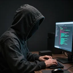 realistic photo of hacker, dark background, hood, face doesn't visible, computer, extremely detailed, sharp focus, masterpiece,