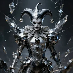 impressive ominous front!! shot photo of a court jester!! character fine portrait fine portrait mesmerizing visionary hyper cubes platinum cracked dark future dimensional galactic crystal shard edges elegant detailed intricate concept artstation sharp focus ray tracing cinematic masterpiece temporal corruption beeple wlop germ 8 4 k scifi glossy realistic illustration canon eos r 3 fujifilm x - t 3 0 sony alpha