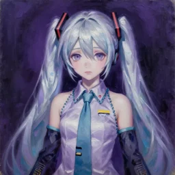 A portrait of Vocaloid Hatsune Miku by Joan Miro, sad, omnious, purple colors, award-winning, highly detailed palette knife oil painting, thick impasto, painterly, autochrome, pinhole, realistic lighting, chiaroscuro, very ethereal, very ethereal, silver color, dark, chiaroscuro, nacre, pastel oil inks, paint-on-glass painting by  Joan Miro