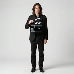 mysterious film director with clapperboard, photorealistic portrait photography, full body, standing, isolated on a pure white background, centered, whole figure in frame, sharp focus, studio lighting