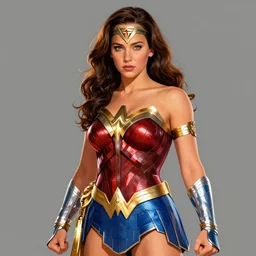 jennifer lawrence as wonder woman wearing royal mantle illustration splash art by alex gross by alex ross by Greg Land by J. Howard Miller digital painting comic book superheroes