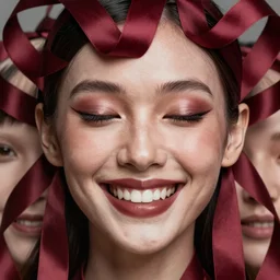 chaotic burgundy satin ribbons instead of skin build image of strange dangerous mystic face with smile, moebius, bao pham, donato giancola, larry elmore, masterpiece, trending on artstation, featured on pixiv, cinematic composition, beautiful lighting, sharp, details, hyper - detailed, hdr, 4 k, 8 k
