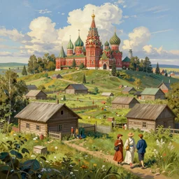 russia, village, bright future, social realism, highly detailed, digital painting, artstation, concept art, matte, sharp focus, illustration, art by artgerm and greg rutkowski and alphonse mucha