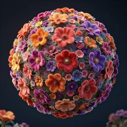 The Mandelbulb has grown flowers all over its surface. Side View. Colorful. High Detail