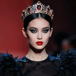 a female high fashion model wearing a jeweled face crown, dark eye make - up, red lips, alexander mcqueen, haute couture, artstation, high detail, black, red and blue, by mobius, painterly, 8 0's airbrushed, film still, cinematic composition