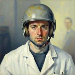 Portrait of a Scientist with helmet,  very coherent, painted by Edward Hopper, Wayne Barlowe, painted by James Gilleard, airbrush,  art by JamesJean