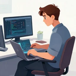 software engineer sitting on a chair with a laptop after finding a bug that he spent several weeks debugging. highly detailed, digital art, trending on artstaion.
