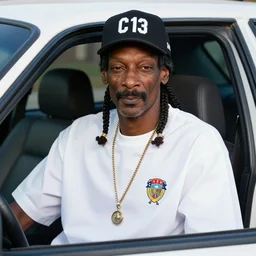 Snoop Dogg is sitting in a police car wearing a cap C-13