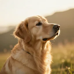 cinematic, golden hour, backlit, over the shoulder photograph of a beautiful golden retriever, looking into the distance, windy, bokeh, tilted angle, iphone 5 photo