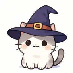 drawing of a cat using witch hat. cartoon. cute. anime style.