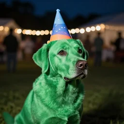 night time dslr photo of a green fur, green labrador wearing a party hat in a country side party at night, bokeh depth of field, nikon lens