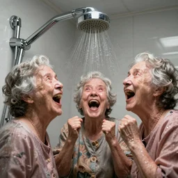 Three old ladies shouting into a shower head, unreal engine, high detail