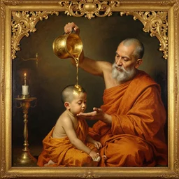 old srilankan buddhist monk pouring liquid gold into buddhist monk kid head baroque style, painting by gaston bussiere, craig mullins, j. c. leyendecker, lights, art by ernst haeckel, john william godward, hammershøi,
