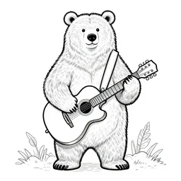 coloring book line illustration of a standing grizzly bear holding a guitar