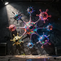 quantum connections represented as symbiotic organisms like cells playing around with colorful lights by banksy