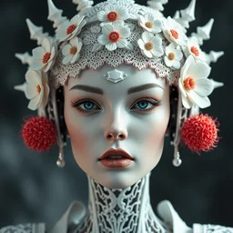 complex 3 d render hyper detailed ultra sharp beautiful futuristic close - up stunning biomechanical humanoid woman with carved porcelain ivory fair face, iris van herpen daisies corals filigree lace haute couture headdress with rhizomorph finials spires, white mecha, cyberpunk steel brackets, fractal red puffballs, octane render, dof, 8 k