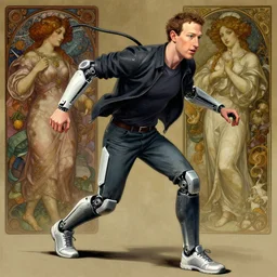 ( badass ) dynamic pose of mark zuckerberg's early prototype learning to walk. ultra detailed, intricate, anime, dynamic lighting, digital art, digital painting, art station, wlop, sharp focus, illustration, art by artgerm and greg rutkowski and alphonse mucha