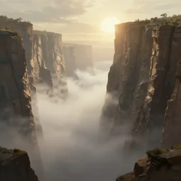 enormous dessert cliffs, thick fog with sun behind it, concept art, illustration, highly detailed, artwork, cinematic lighting, hyper realistic, star wars style, painting