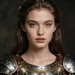 close - up portrait of beautiful model dressed gladiator with metallic armor, art by jean - michel folon