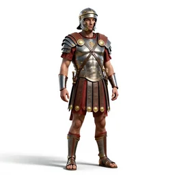 battle-worn roman centurion, detailed 3d character render, full body, standing, isolated on a pure white background, centered, whole figure in frame, sharp focus, studio lighting