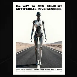 the way to artificial inteligenece, by shepard fairey and ashley woods, minimalist movie poster, roads by haza hadid, female cyborg, digital art