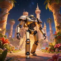 a beautiful up close view of a walking mechanical castle on a tropical island paradise, underneath a star filled night sky, warm coloured, gigantic pillars and flowers, maschinen krieger, beeple, star trek, star wars, ilm, atmospheric perspective