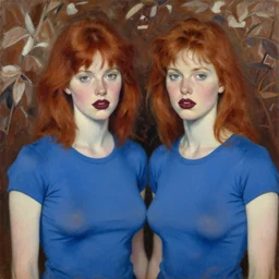 expressive medium shot portrait of two pale sexy young 8 0 s models, busty women with tomboy red hair and freckles, big maroon lips, wearing a blue tight tshirt, brown and white foliage background, oil painting, impasto, muted colors, artwork by lucian freud, arnold bocklin, paula rego