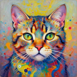 cat portrait an oil painting splashes with many colors and shapes by john backderf greg rutkowski and alphonse mucha, polycount, generative art, psychedelic, fractalism, glitch art