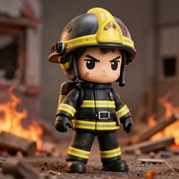 dirty heroic firefighter in action as nendoroid in black and yellow uniform, with fire flames and ruined building in background, sharp details, sharp focus, anime, disney, pixar, 8 k, hd, dof, kodak film, volumetric lighting, subsurface scattering, photorealistic, octane render, details