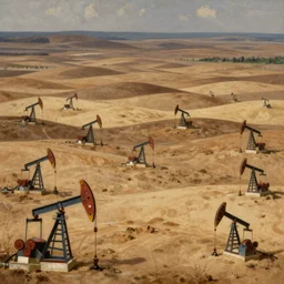 hyper detailed painting of majestic parched rolling plains with numerous tiny oil well pumpjacks, sprawling across, by francisco goya and rembrandt, unsettling, mysterious, by stephan martiniere and alexander fedosav, hyperrealism, 8 k resolution, behance hd, artstation, nightcafe